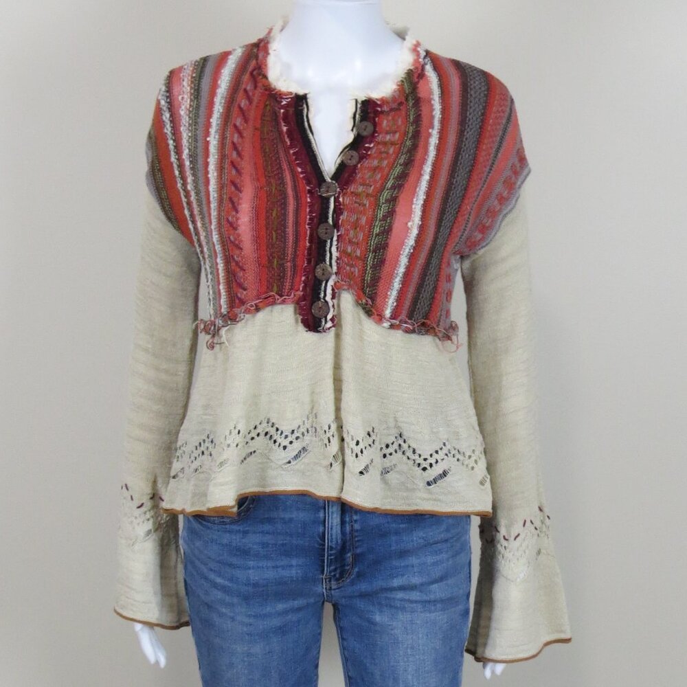 Free People Meadow Lakes Knit Shirt Top SIZE XS Bell Sleeves Contrast Knit